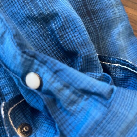 Panhandle Rough Stock Cotton size L Blue Plaid Western Shirt. Pearl snap. - Picture 8 of 12